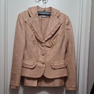 Kay Unger Textured Tan Blazer Suit with Ruffle Details includes skirt